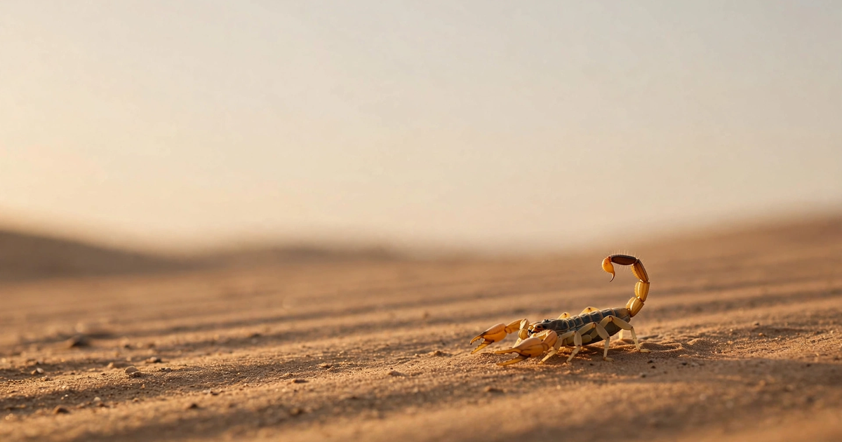 Escorpión sobre arena del desierto a la luz del atardecer, fotografía editorial